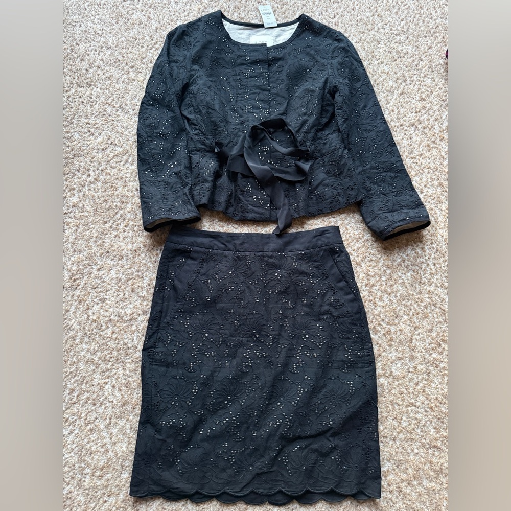 NWT Loft Womens set Size OP Petite Black Eyelet Lined Jacket (top) & Skirt